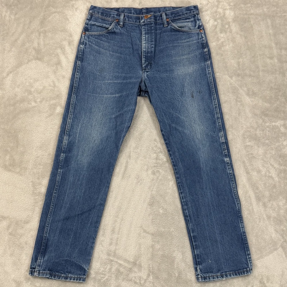 Wrangler Jeans Mens 37x32 13MWZ Blue Cowboy Cut Distressed Western Heavy Whisker